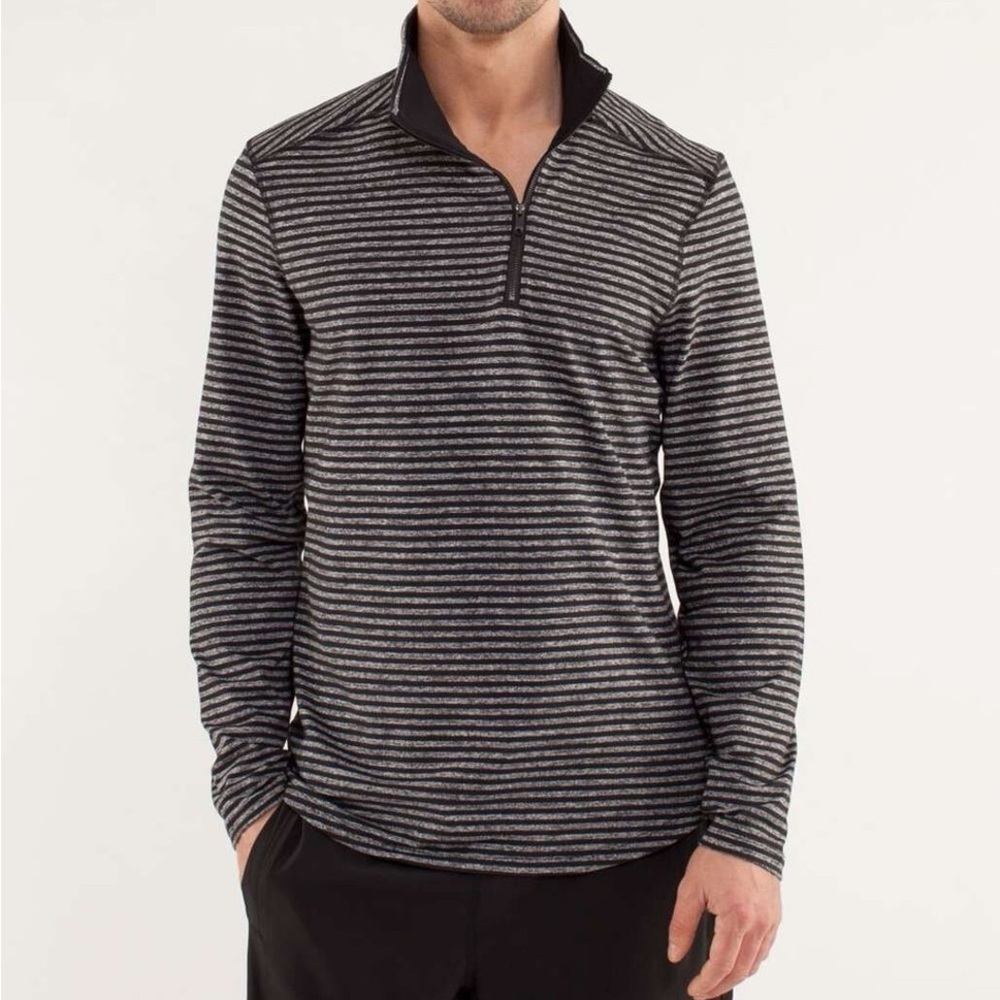 Lululemon Pullover Men’s Medium Black Gray Striped Studio 1/2 Zip Shirt